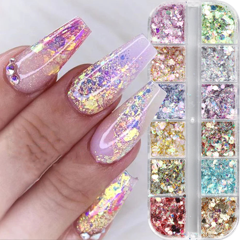 Mermad Iridescent Mixed Hexagon Nail Glitter Sequins Holographic Spangles Flakes Nail Art Powder Gel Polish Manicure Accessories
