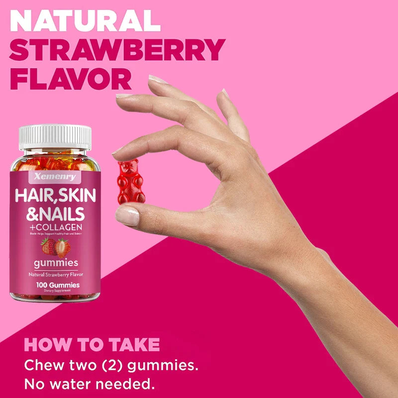 Natural Biotin Gummies - Supports Hair, Skin, Nails & Collagen, Dietary Supplement, Antioxidant - 100 Gummies