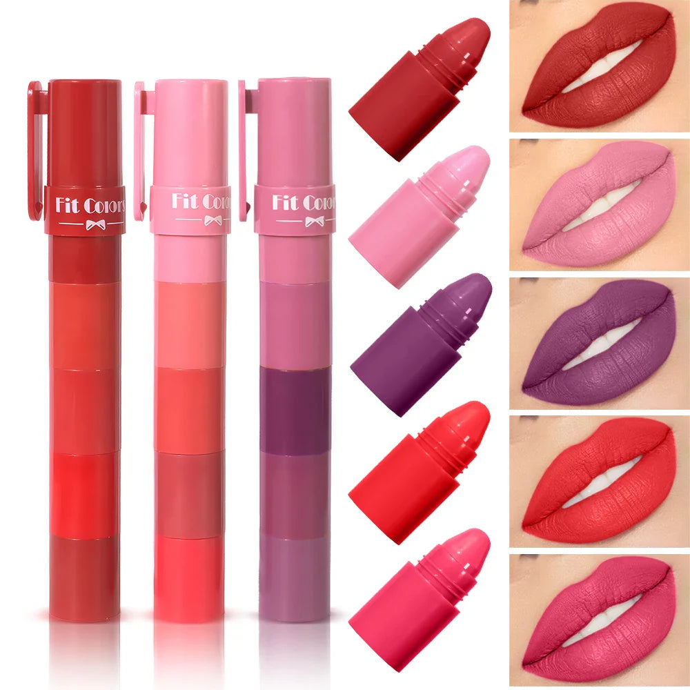 5-in-1 Fruit Velvet Matte Lipstick Set, Long-Lasting, Highly Pigmented, Moisturizing Lip Balm, Smooth Application for Soft lips