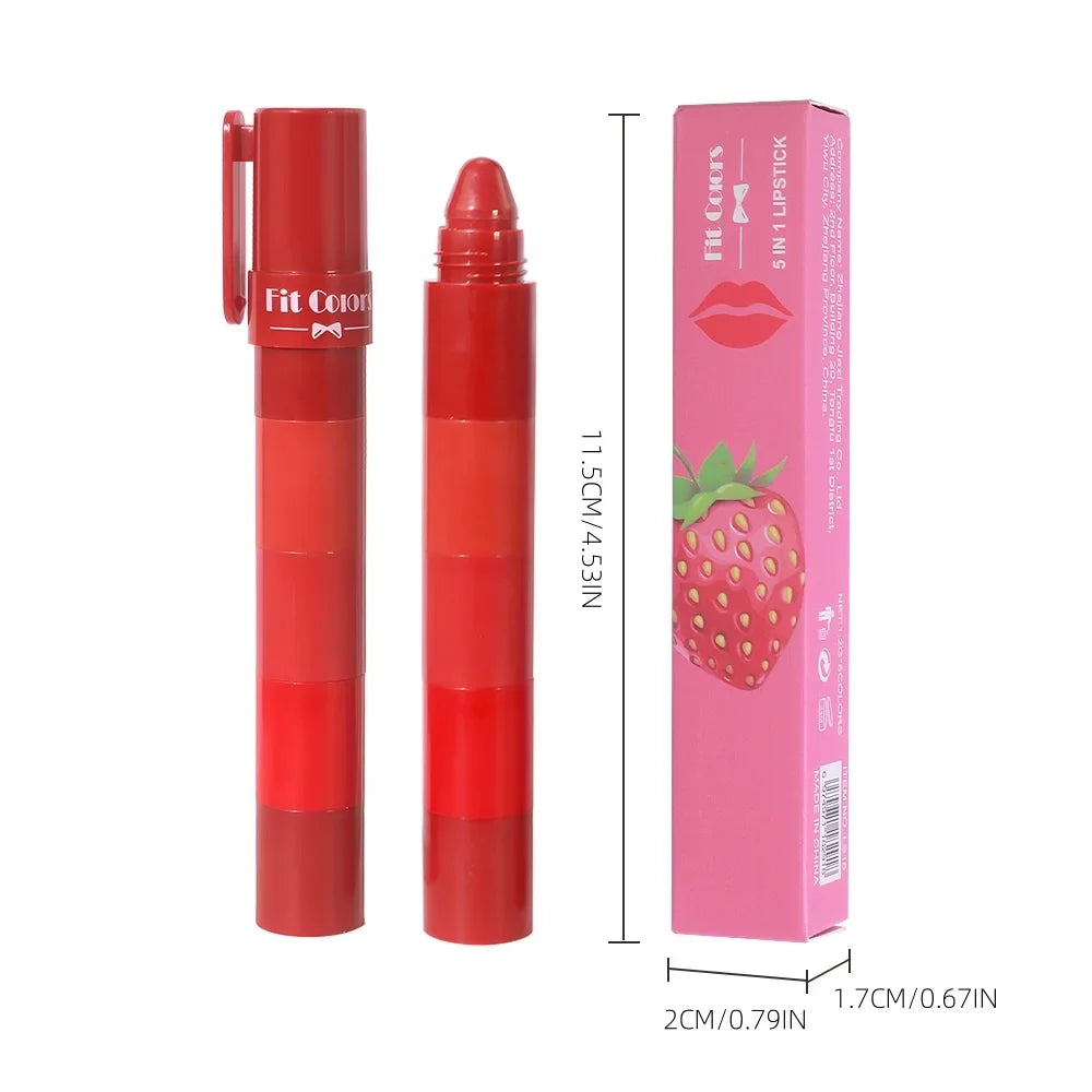 5-in-1 Fruit Velvet Matte Lipstick Set, Long-Lasting, Highly Pigmented, Moisturizing Lip Balm, Smooth Application for Soft lips
