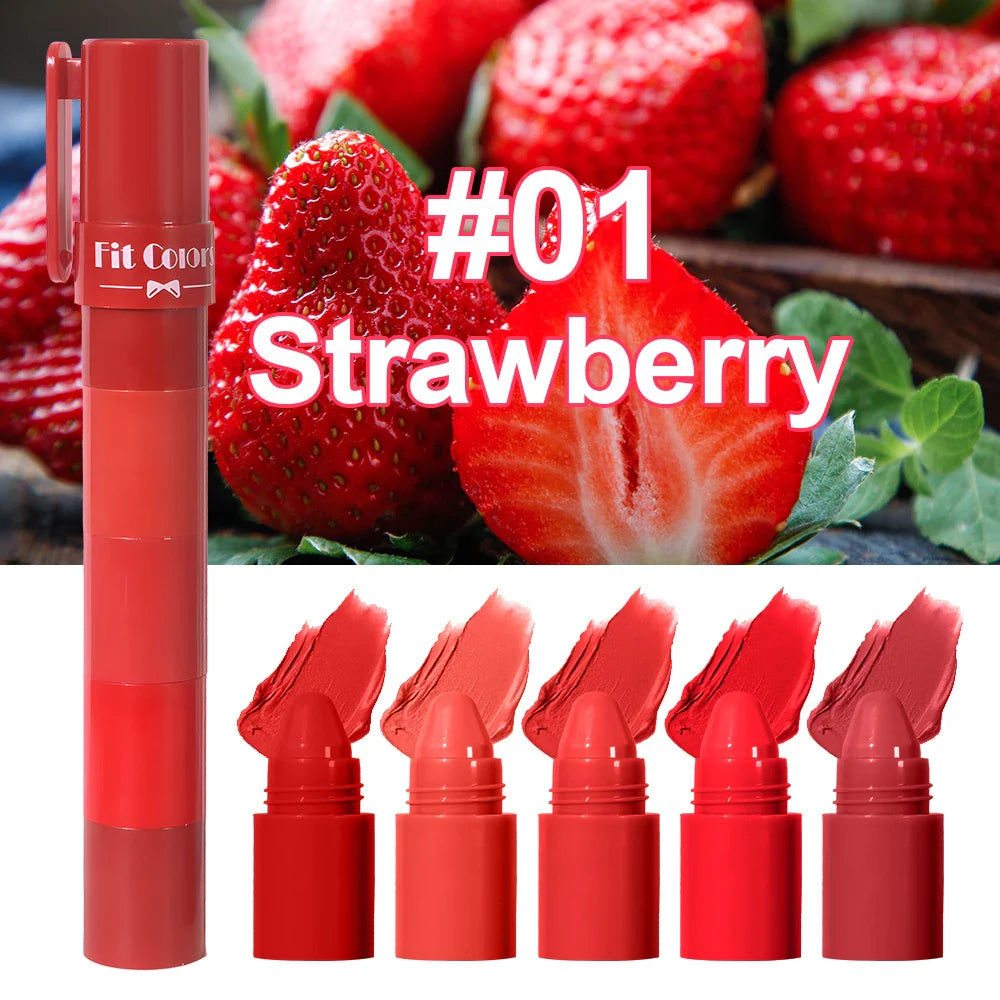 5-in-1 Fruit Velvet Matte Lipstick Set, Long-Lasting, Highly Pigmented, Moisturizing Lip Balm, Smooth Application for Soft lips