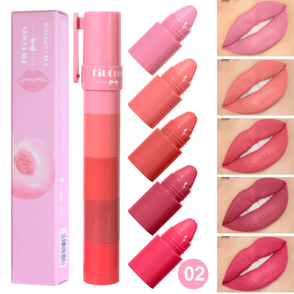 5-in-1 Fruit Velvet Matte Lipstick Set, Long-Lasting, Highly Pigmented, Moisturizing Lip Balm, Smooth Application for Soft lips