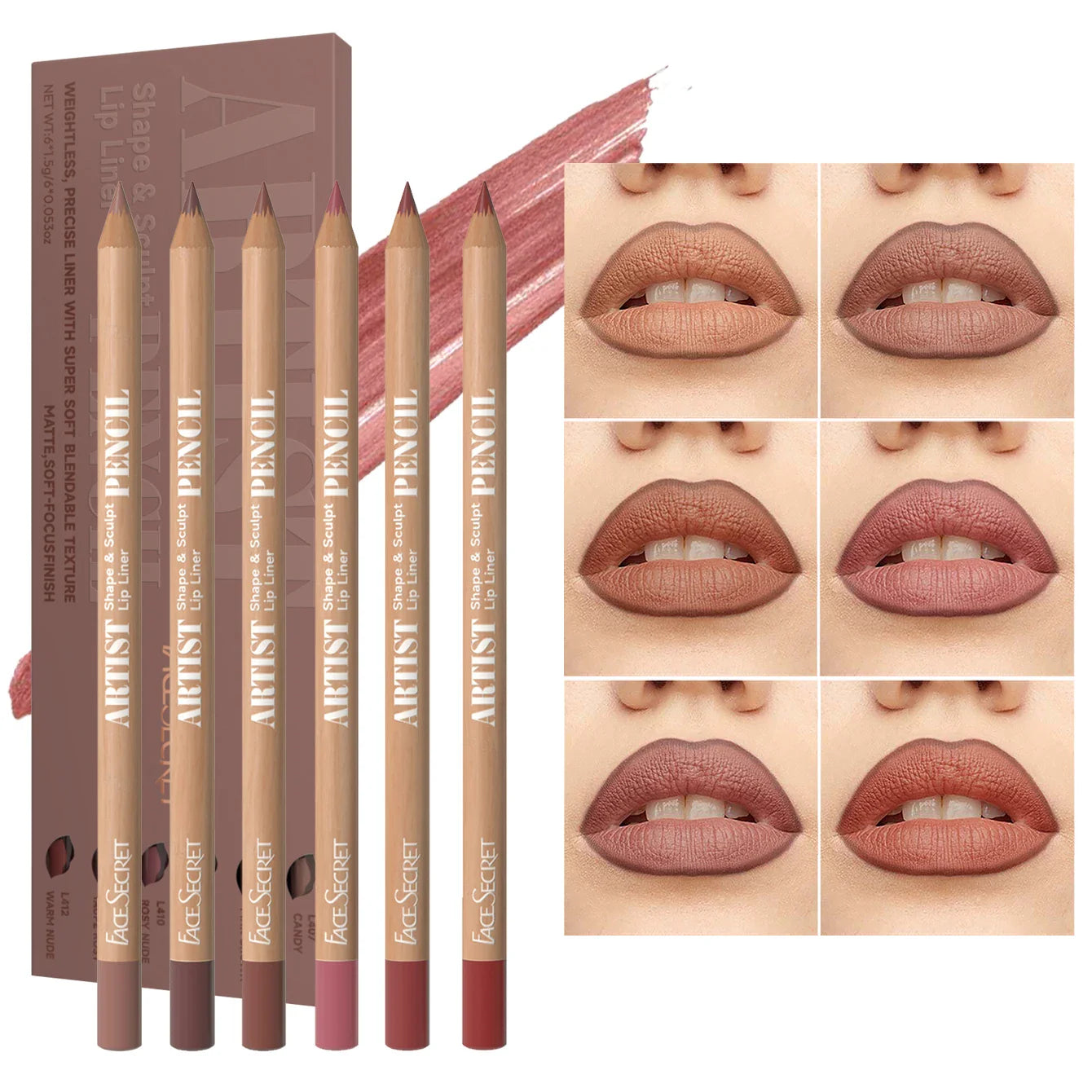 6pcs Velvet Matte Lip Liner Pencil Set - Water-resistant, Ultra-Fine, Long-Lasting, Smooth for All Skin Tones, Brown Mixed Color