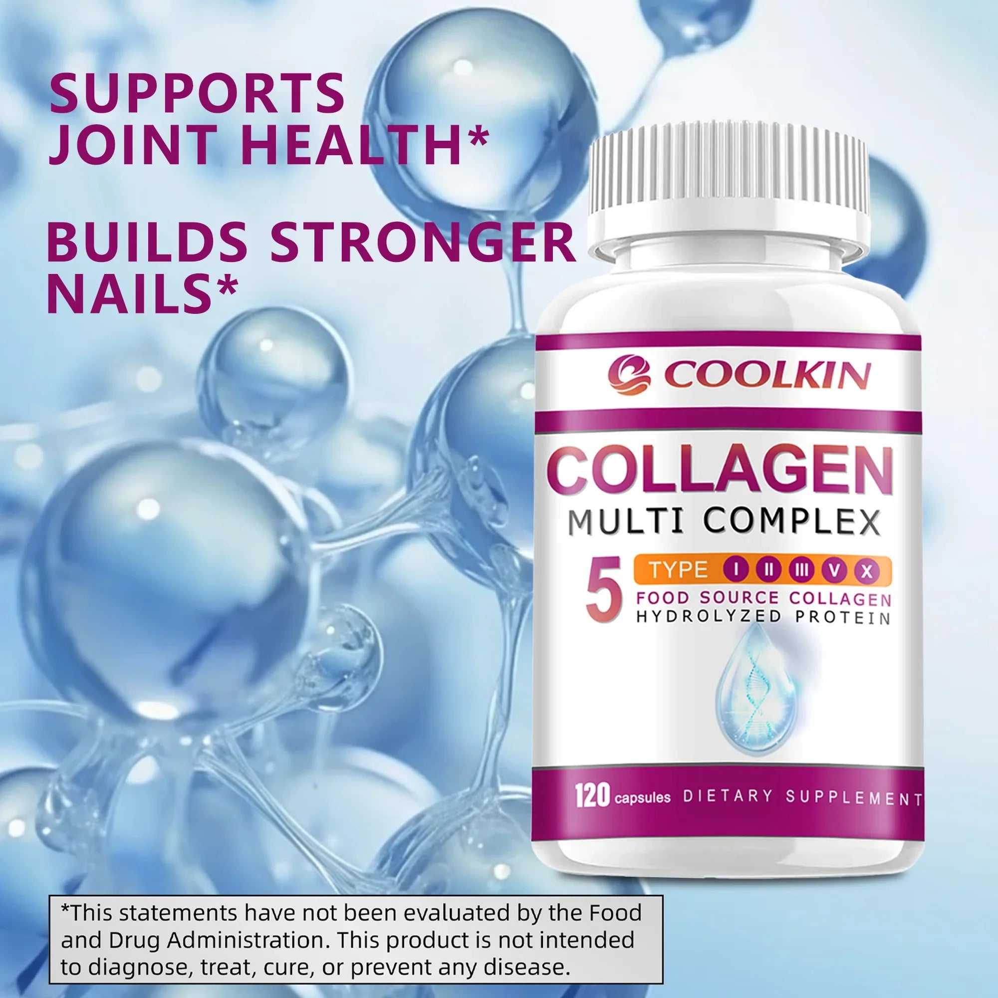 Collagen Complex - with Types I, II, III, V, X - for Healthy Hair, Bones, Cartilage, Skin & Nails - 120 Capsules