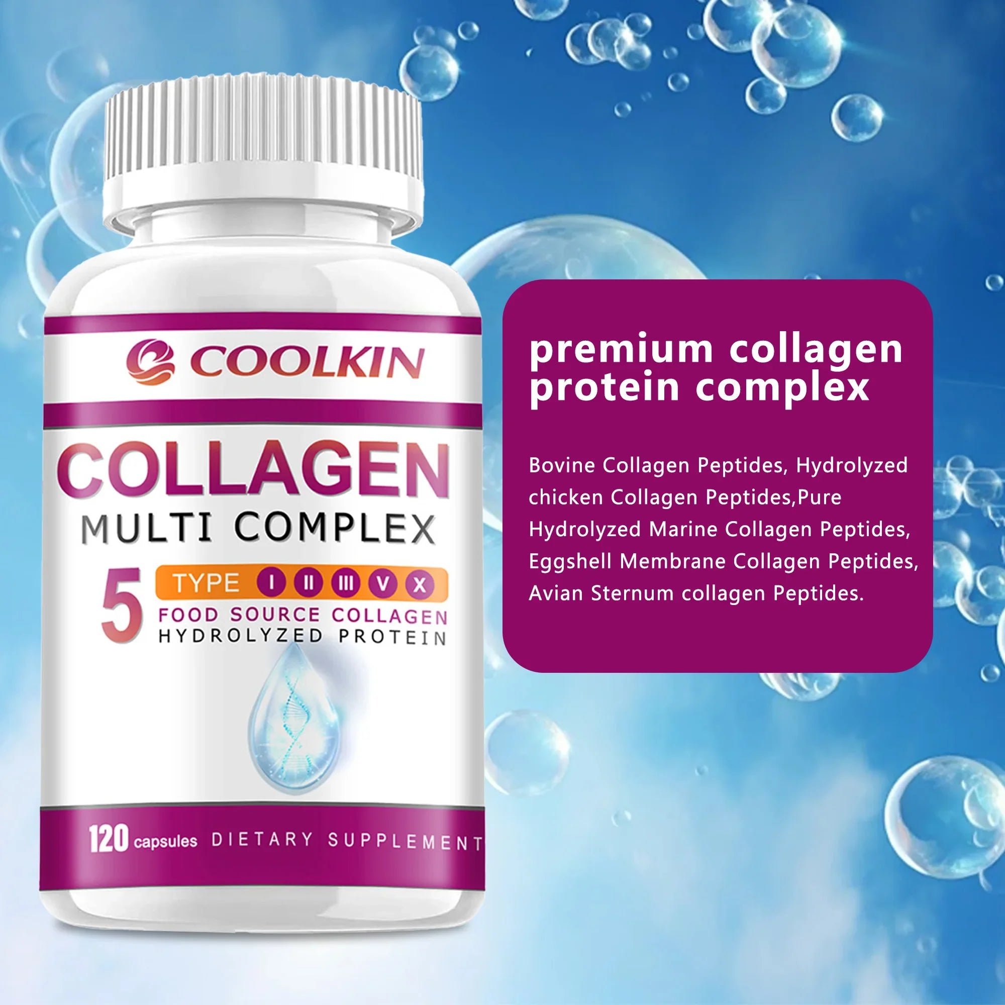 Collagen Complex - with Types I, II, III, V, X - for Healthy Hair, Bones, Cartilage, Skin & Nails - 120 Capsules