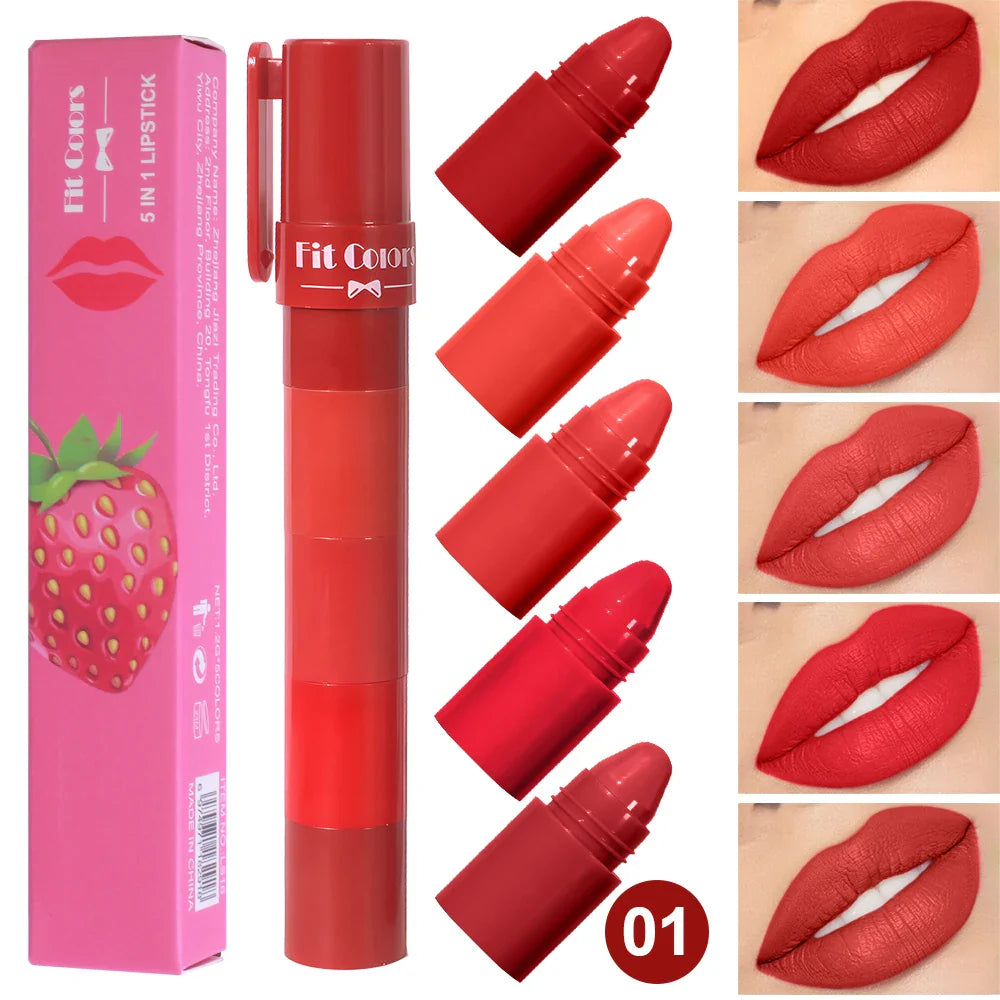 5-in-1 Fruit Velvet Matte Lipstick Set, Long-Lasting, Highly Pigmented, Moisturizing Lip Balm, Smooth Application for Soft lips