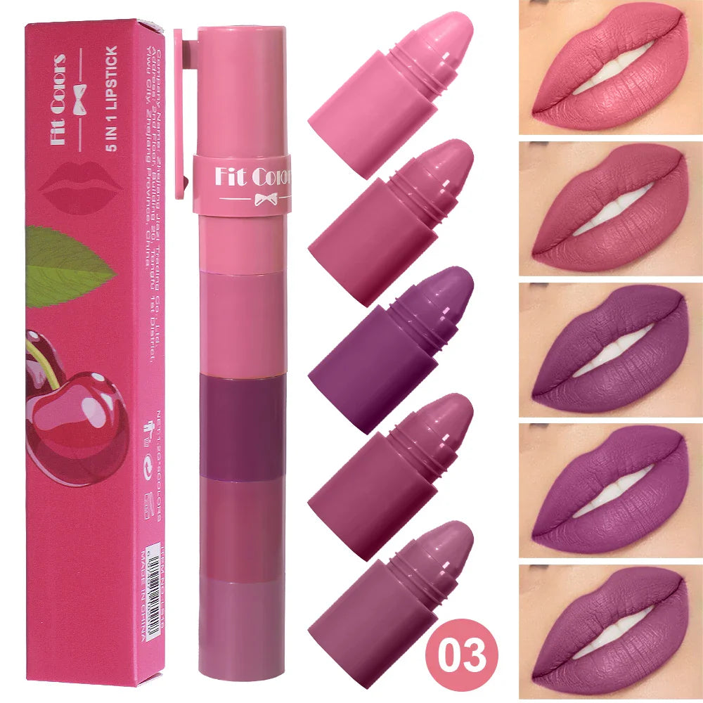 5-in-1 Fruit Velvet Matte Lipstick Set, Long-Lasting, Highly Pigmented, Moisturizing Lip Balm, Smooth Application for Soft lips