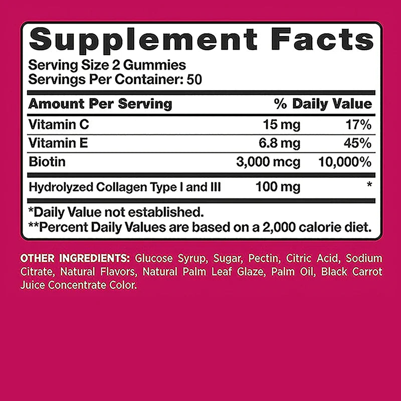 Natural Biotin Gummies - Supports Hair, Skin, Nails & Collagen, Dietary Supplement, Antioxidant - 100 Gummies