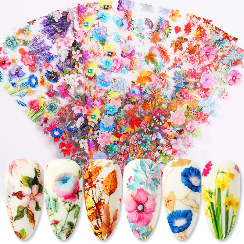 Blue Ink Marble Blooming Foil Nail Art Stickers Set With Flower Gilding Pattern Nail Transfer Decals Decorations Nail Accessorie