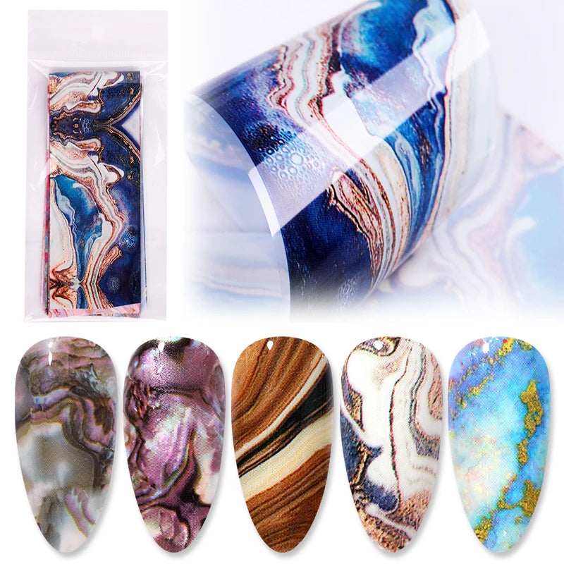Blue Ink Marble Blooming Foil Nail Art Stickers Set With Flower Gilding Pattern Nail Transfer Decals Decorations Nail Accessorie