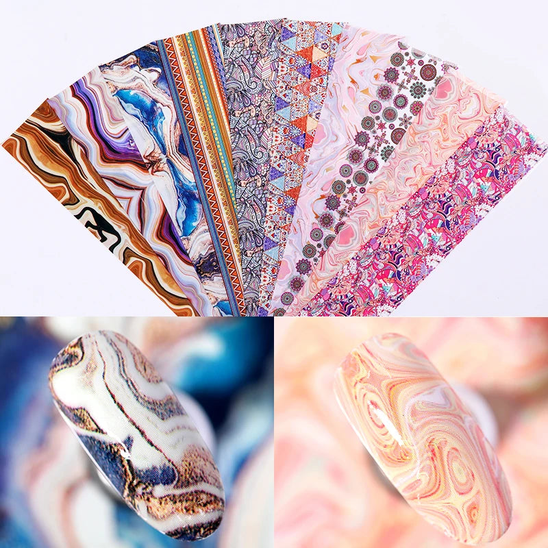 Blue Ink Marble Blooming Foil Nail Art Stickers Set With Flower Gilding Pattern Nail Transfer Decals Decorations Nail Accessorie