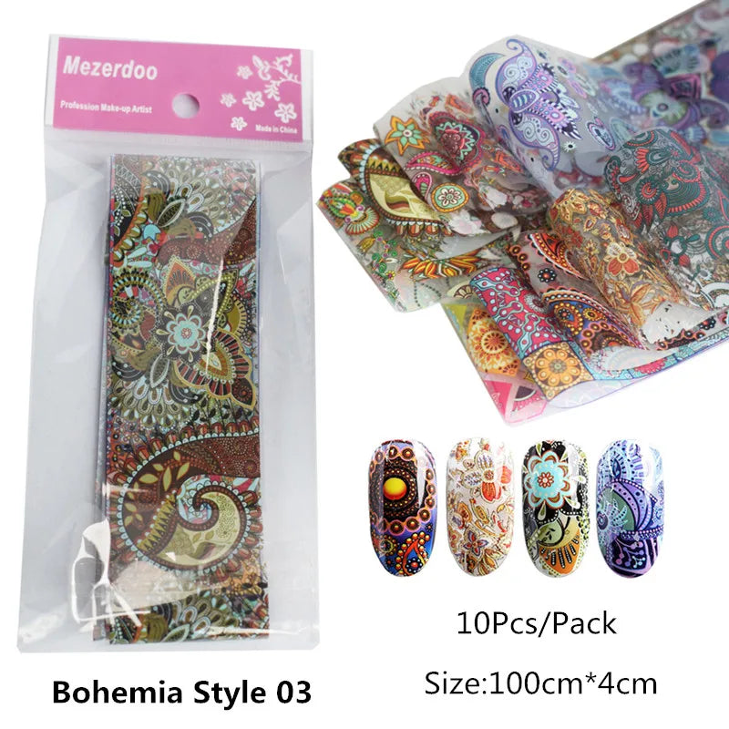 10Pcs 4*100cm Paisley Colorful Nail Foils Bohemia Nail Art Transfer Sticker Decal Mandala Slider Decals DIY Nail Tips Decoration