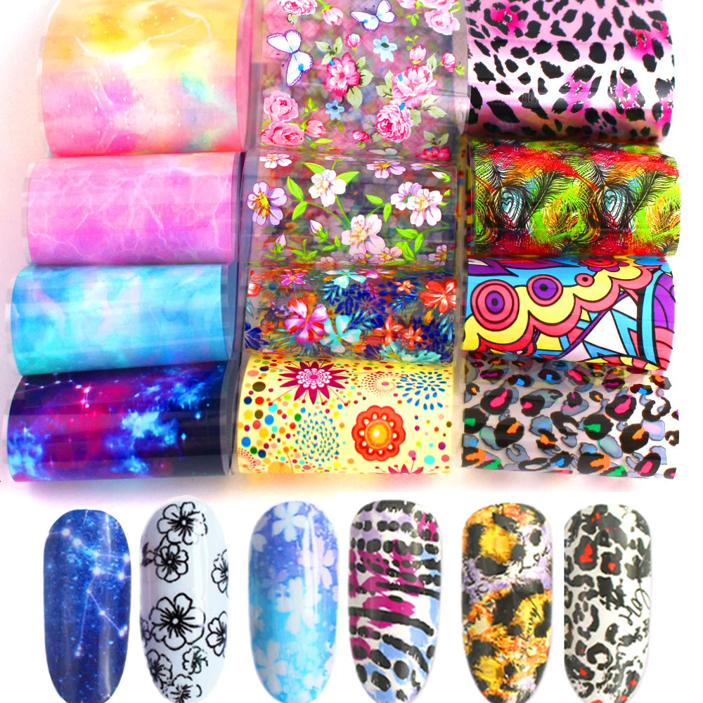 16pcs Transfer Nail Art Foils Holographic Sticker Mix Flower Sky Retro Decals Tips Starry Paper DIY Manicure Decorations