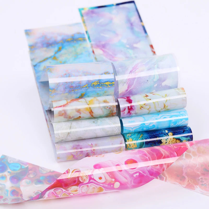 Blue Ink Marble Blooming Foil Nail Art Stickers Set With Flower Gilding Pattern Nail Transfer Decals Decorations Nail Accessorie