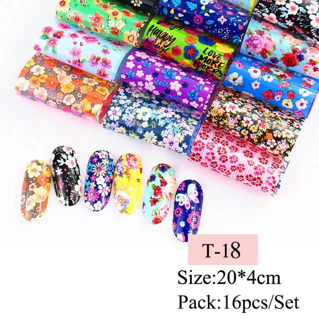 16pcs Transfer Nail Art Foils Holographic Sticker Mix Flower Sky Retro Decals Tips Starry Paper DIY Manicure Decorations