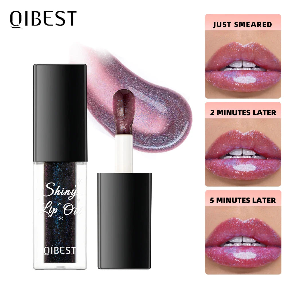 QIBEST Black Mirror Lip Gloss Color Changing Lipstick Moisturizing Shiny Lip Balm Oil Plumping Lasting Diamond Lipgloss Cosmetic