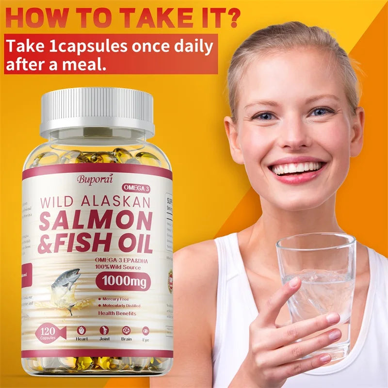 Salmon Fish Oil - Supports Brain and Nervous System, Cardiovascular and Skin Health, Antioxidant, Memory Enhancement