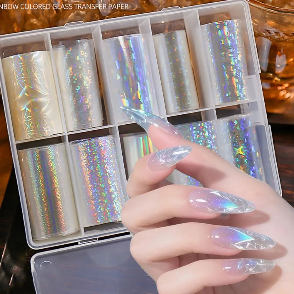 10Rolls Clear Laser Aurora Nail Foil Sticker Iridescent Holographic Glass Fragment Transfer Foil Decals 4x50cm Nails Decoration