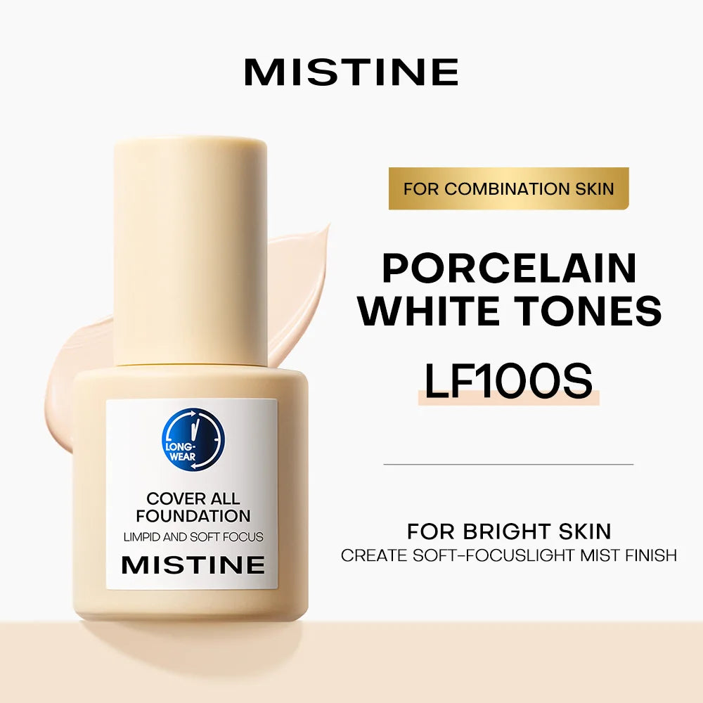 Mistine Foundation Full Coverage Makeup for 36H Longwear Waterproof Lightweight Liquid Foundation for Combination Skin