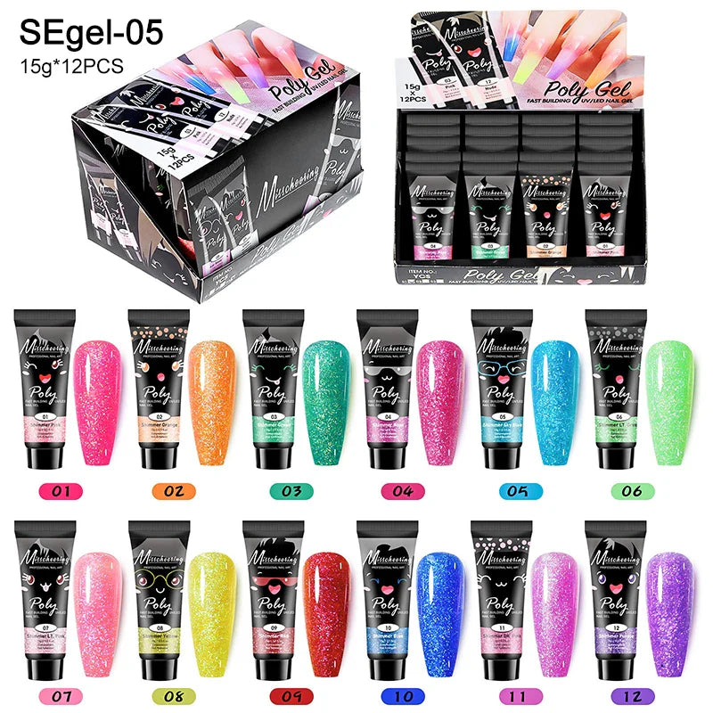 12pcs/set Extension Gel Nail Art Semi Permanent Acrylic Glitter Fluorescent Nude Colorful Fast Building Hybrid Varnish UV Nails