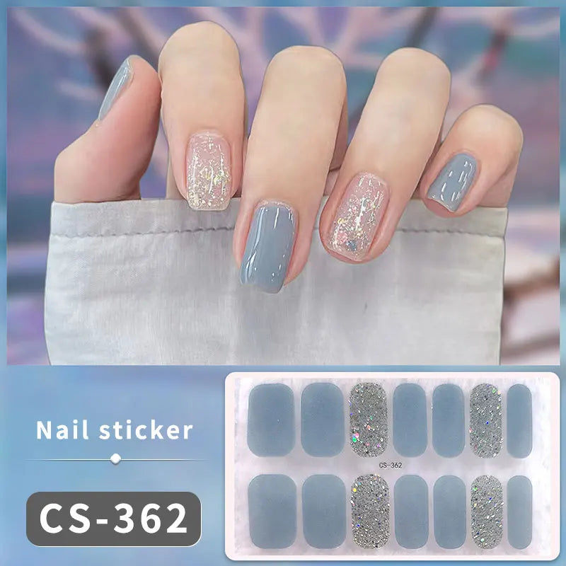 Pink Glitter Design Baking-free Nail Stickers French Style Solid Color Adhesive Full Cover Nail Strip Slider DIY Manicure Decals
