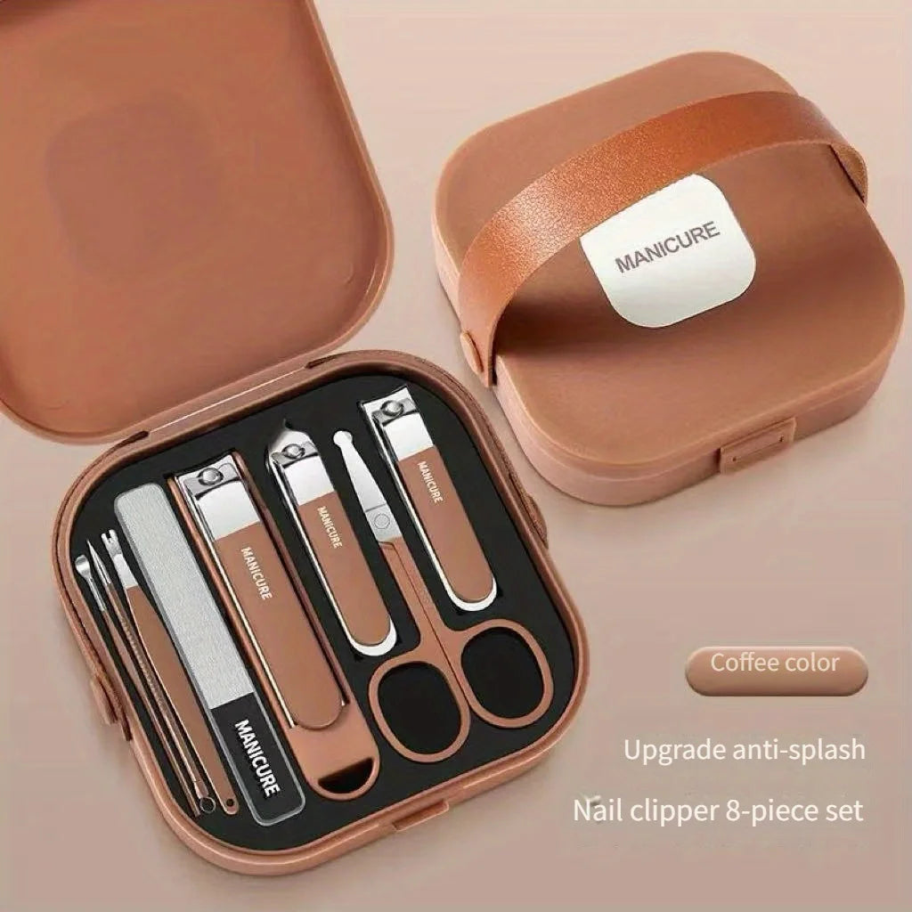 Upgraded Anti-Splash Nail Clipper Set 8-Piece - Stainless Steel Manicure Kit with Portable Case, Sharp Durable Tools for Men & W