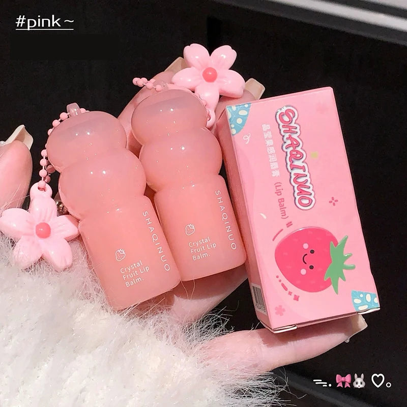 Crystal Strawberry Lip Balm Moisturizing Hydrating Lips Mask Stick Reduce Lip Lines Key Chain for Lip Care Change Color Lipstick