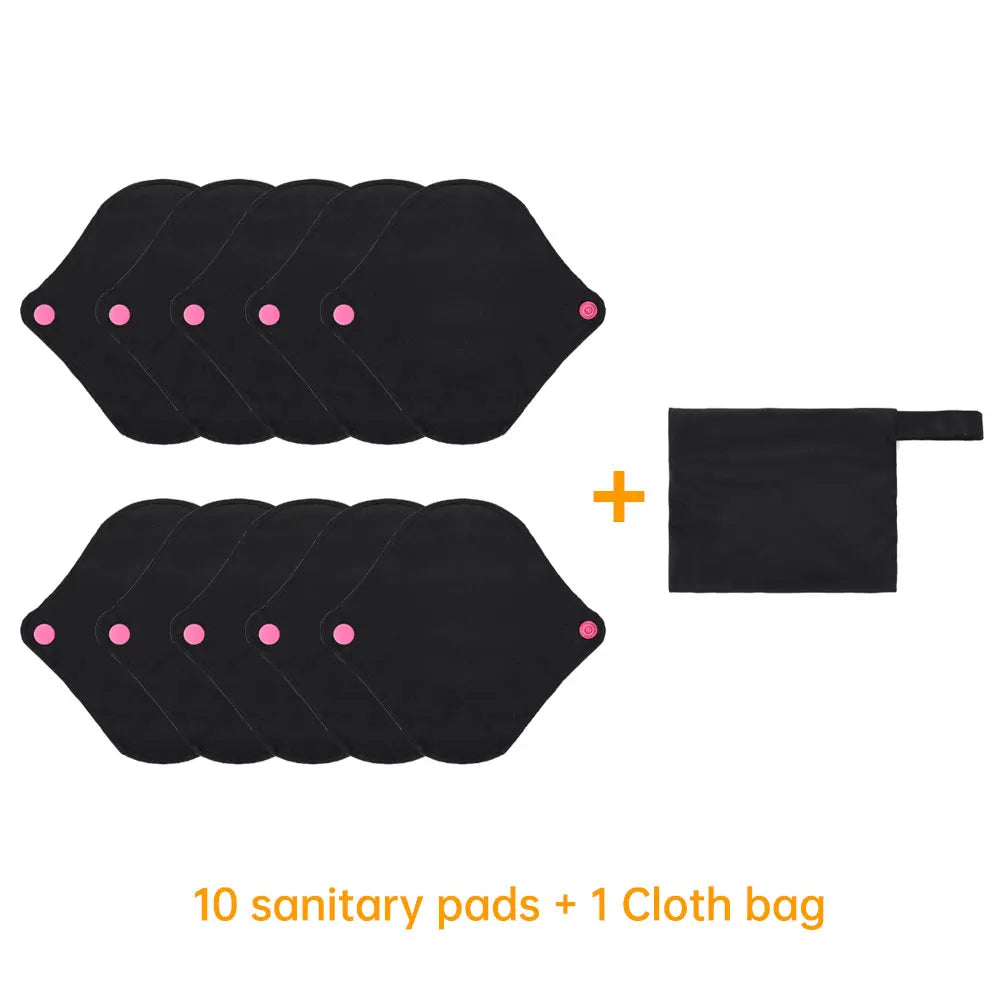 Reusable Pads Set 4 Sizes for Choice Pure Black Reusable Menstrual Pads Super Absorbent Sanitary Napkins.