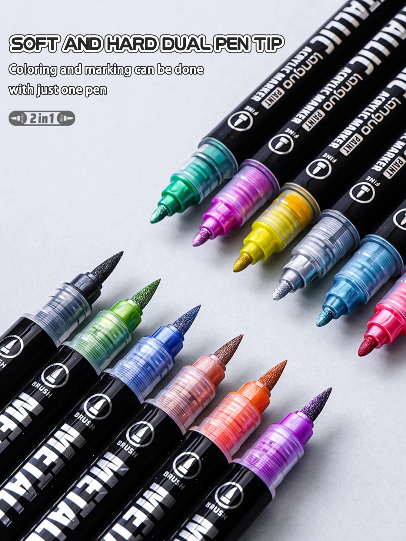 Languo 12/24/48 Colors Dual Tip Metallic Acrylic Marker Pen Set Student DIY Graffiti Hand Drawn Paint Pens Stationery M750