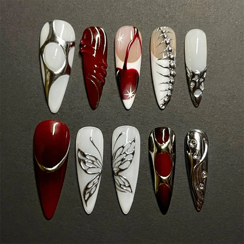 24Pcs Black Y2k Long False Nails with Almond Head Design Cat's Eye Silver Stripe Pattern Press on Fake Nails Wearable Nail Tips