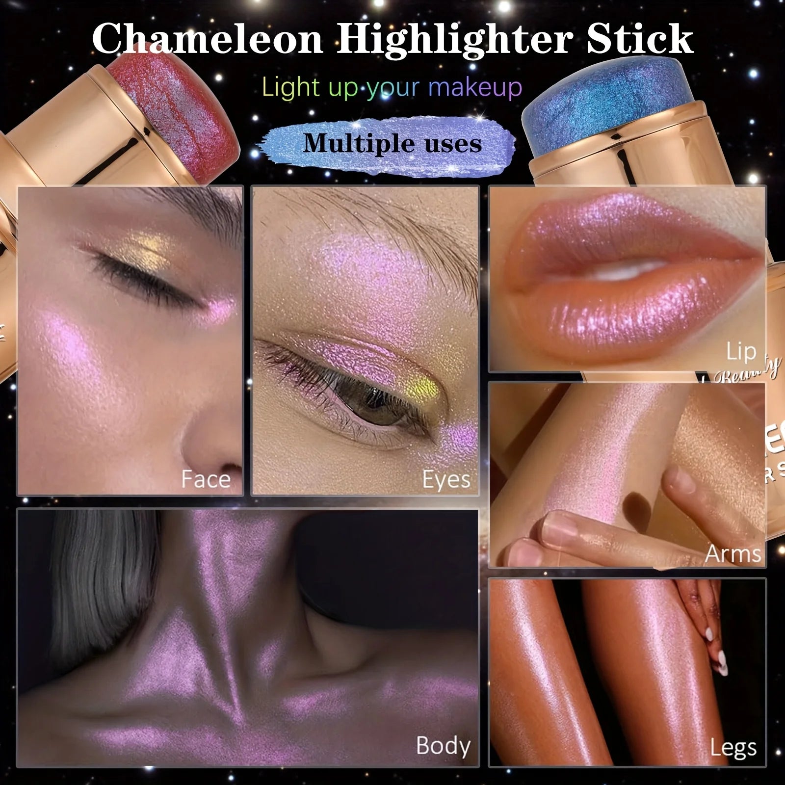 2PCS Chameleon Holographic Glitter Shimmer Highlighter Stick, Makeup For Face And Body, Highly Pigmented,
