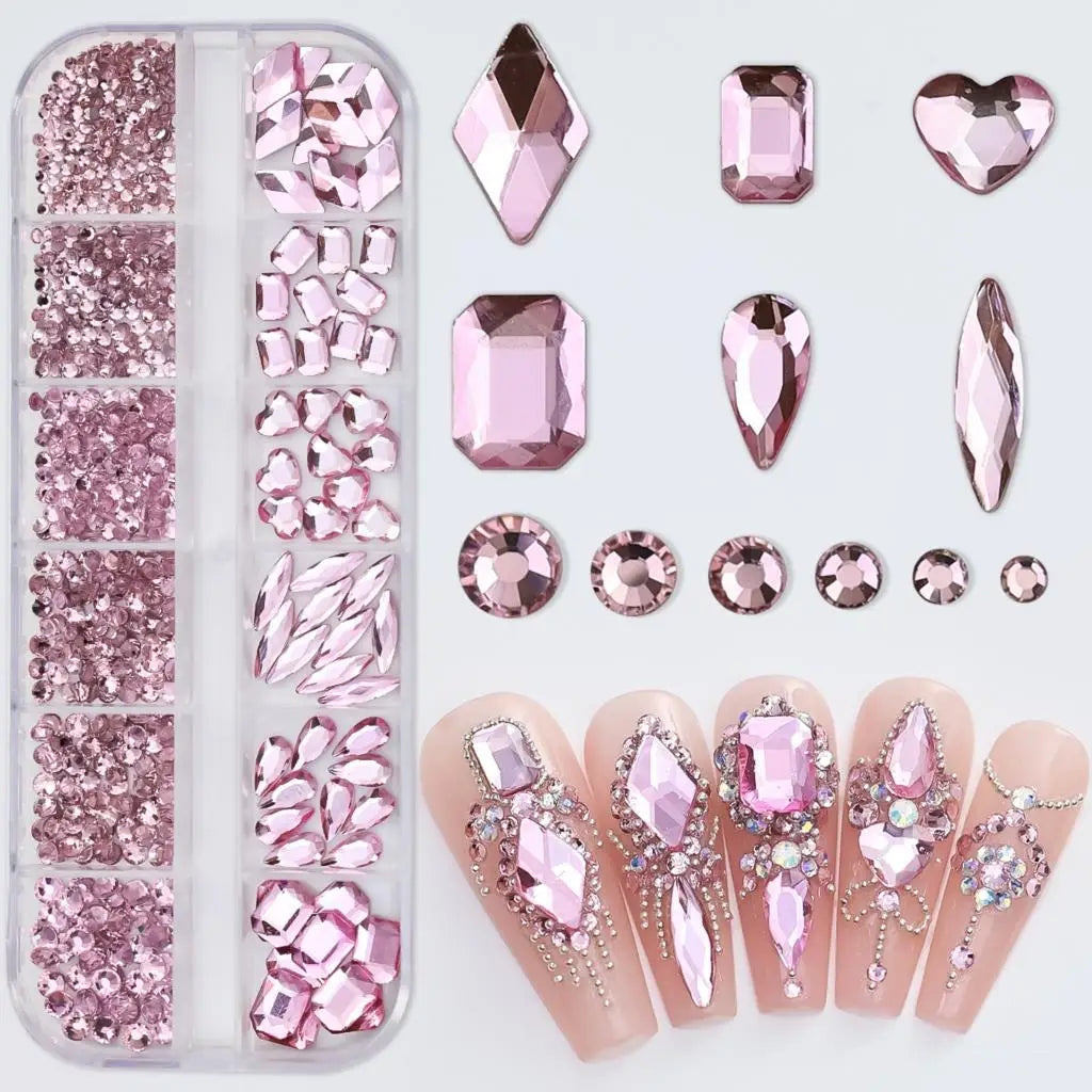 12Grids Pink Mixed Nail Rhinestones Luxury Nail Charms Glitter Crystal Jewelry Gems Nail Art Decoration DIY Manicure Rhinestones