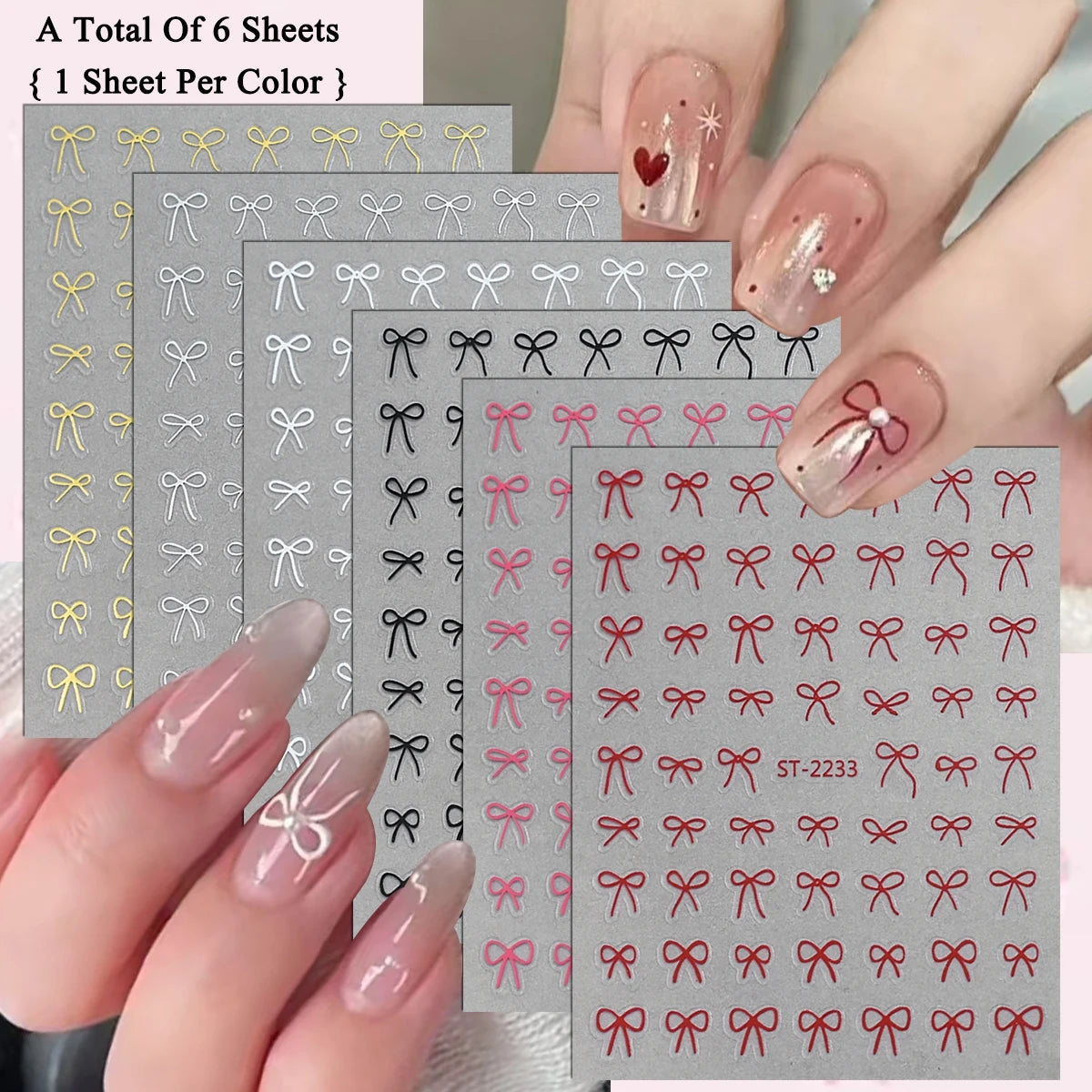 2 to 30 Sheets 3D Bow Nail Art Stickers, Mini Ribbon Outline Decals, Transparent Self-Adhesive Cute Design for DIY Manicure