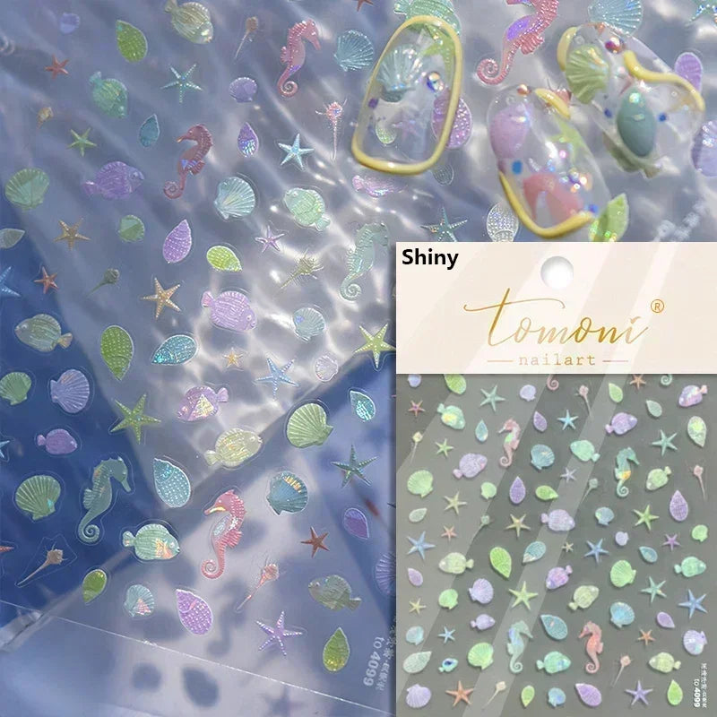 Sea Wave Jellyfish Starfish Conch Shell Dolphin Pearl Summer Beach Goldfish Water Bubble Mermaid Koi INS Nail Art Stickers Decal