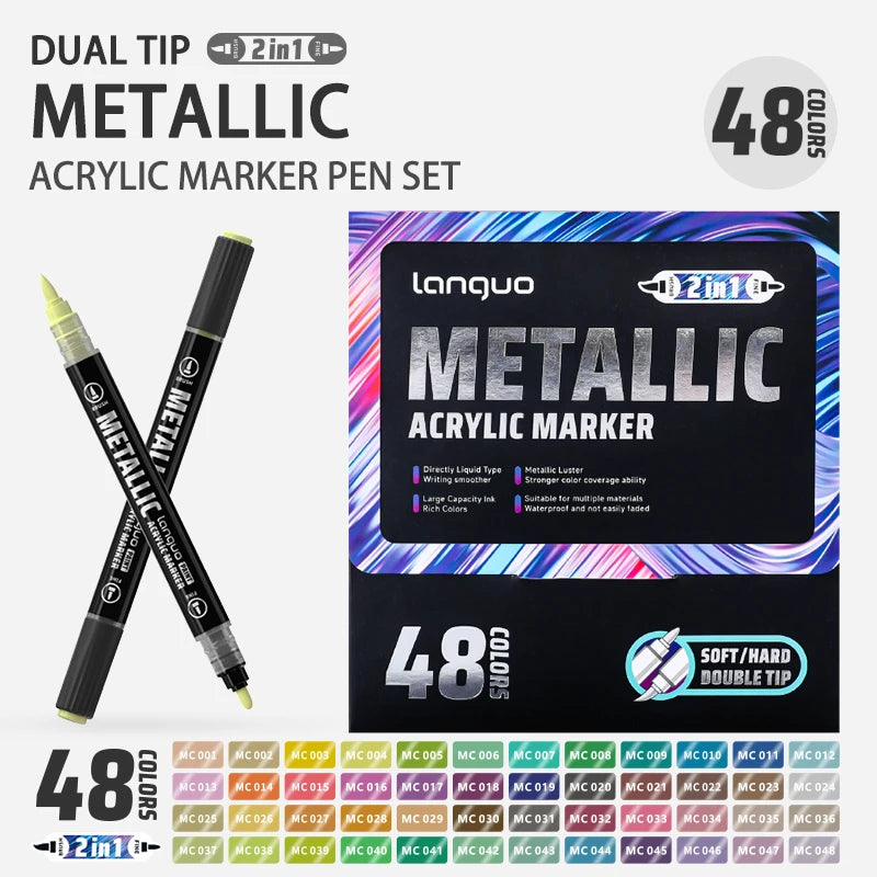 Languo 12/24/48 Colors Dual Tip Metallic Acrylic Marker Pen Set Student DIY Graffiti Hand Drawn Paint Pens Stationery M750