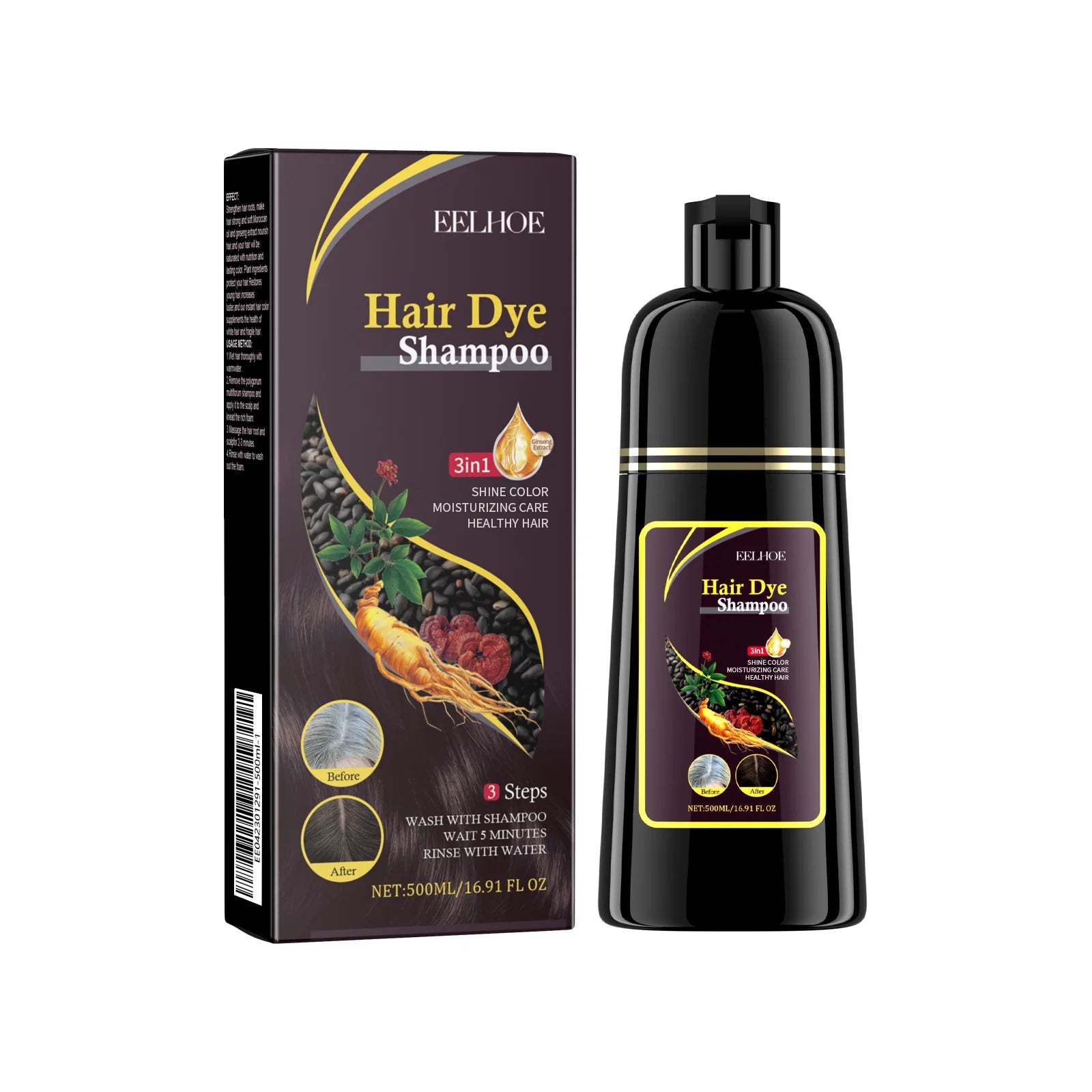 EELHOE 3-in-1 Hair Dye Shampoo to Darken Hair Cleaning Hair Color Shampoo Polygonum Multiflorum Growth of Hair Dye Shampoo 500ml