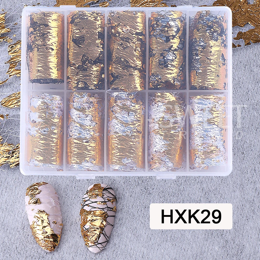 1Box-10pcs Golde Silver Aluminum Nail Foils Paper Nail Art Sticker Decals 3D Mesh Line DIY Design Adhesive Manicure Decorations