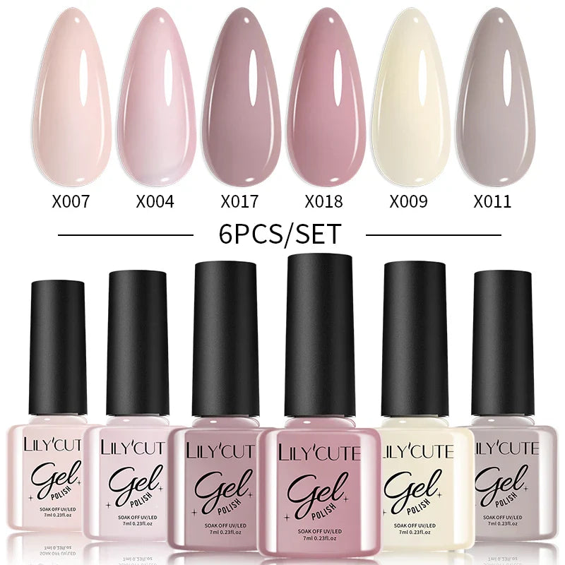 LILYCUE 6Pcs/Set Red Nude Glitter Gel Nail Polish Gorgeous Full Coverage Soak Off UV Gel Nail Art Base Top Coat Gel Polish Kits