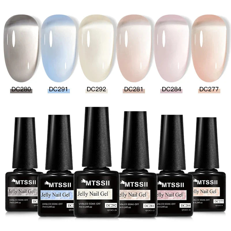 MTSSII 6Pcs/Set Jelly Gel Nail Polish Jelly Transparent Pink Green Black Blue UV Gel Nail Art Varnish Kit Spring Manicure Nails