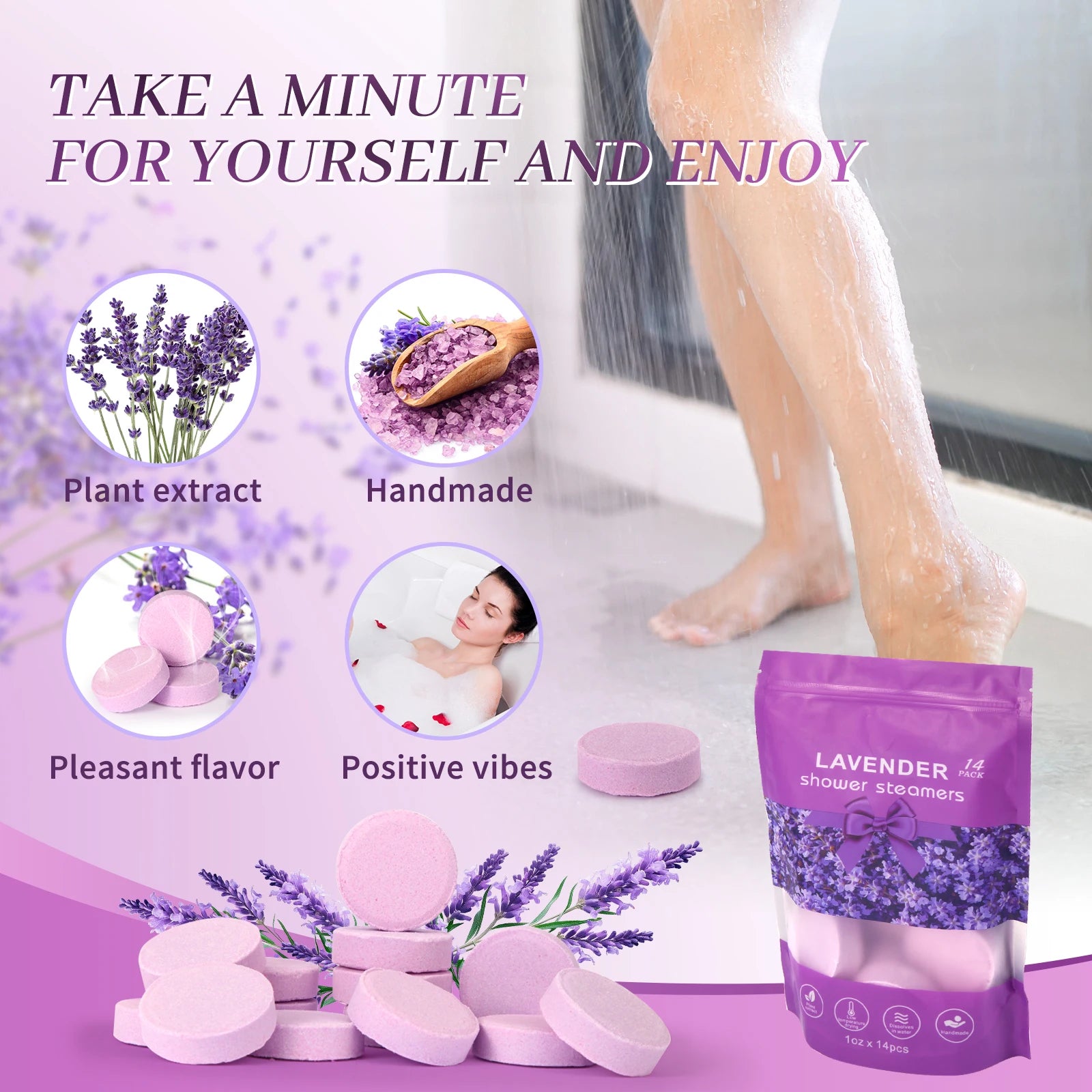 Lavender Shower Bomb Natural Essential Oil Shower Moisturizing Stress Relieving Bath Salt Tablets Suitable for Women and Men