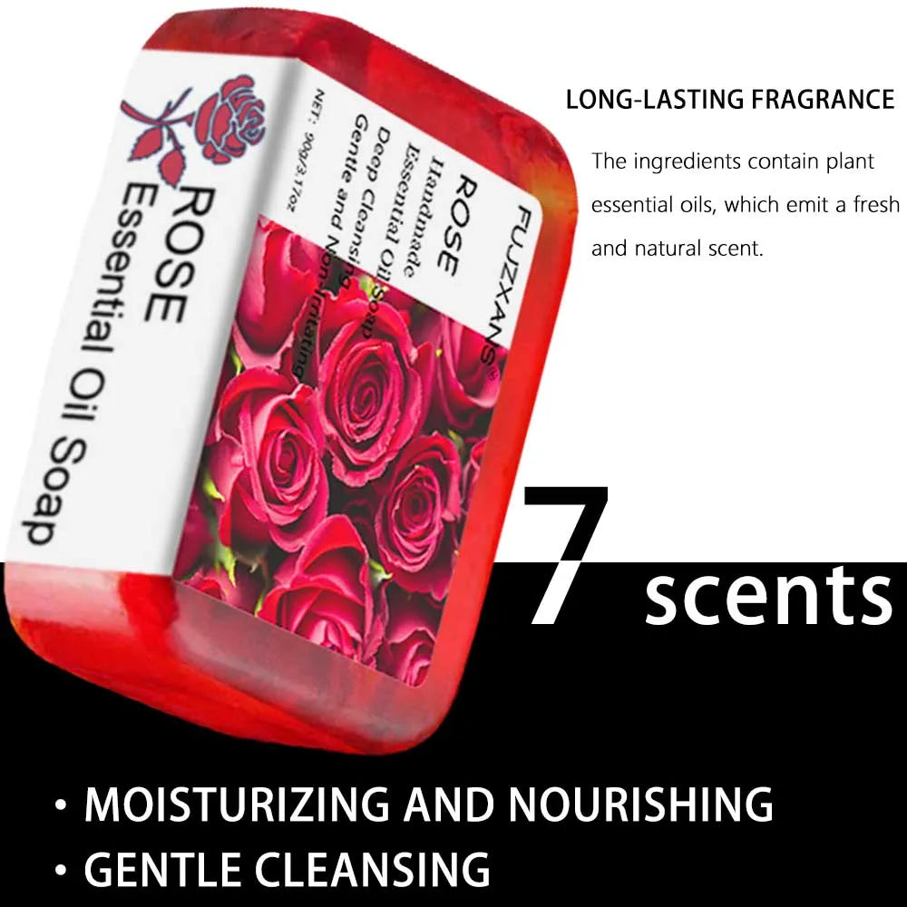 90g FUJZXANS Handmade Essential Oil Soap Bars - Rose, Jasmine, Green Tea, Calendula, Osmanthus, Lavender, Lemon - 7 Long-Lasting