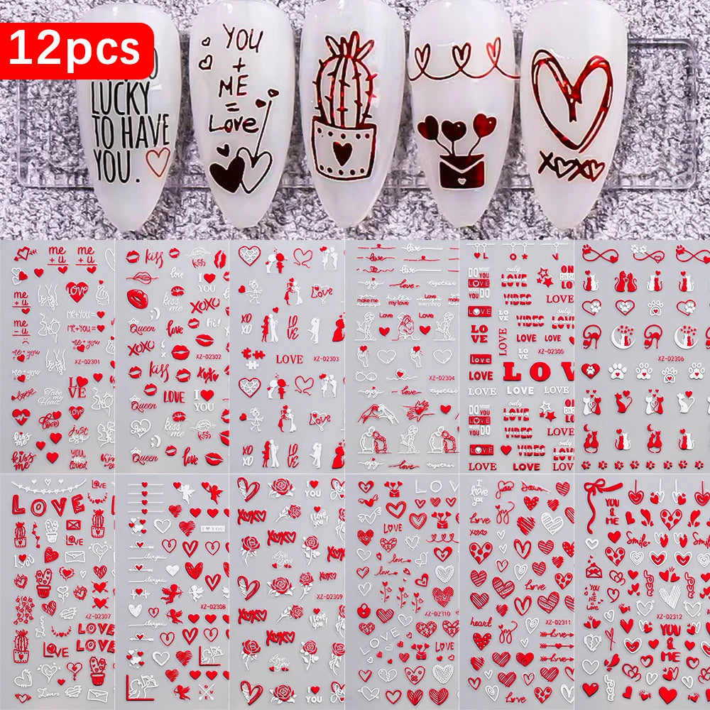 8pc 3D Mixed Color Heart Nail Stickers Valentines' Day Sweet Red Pink Love Selfadhesive Nail Decoration Decals Manicure Supplies