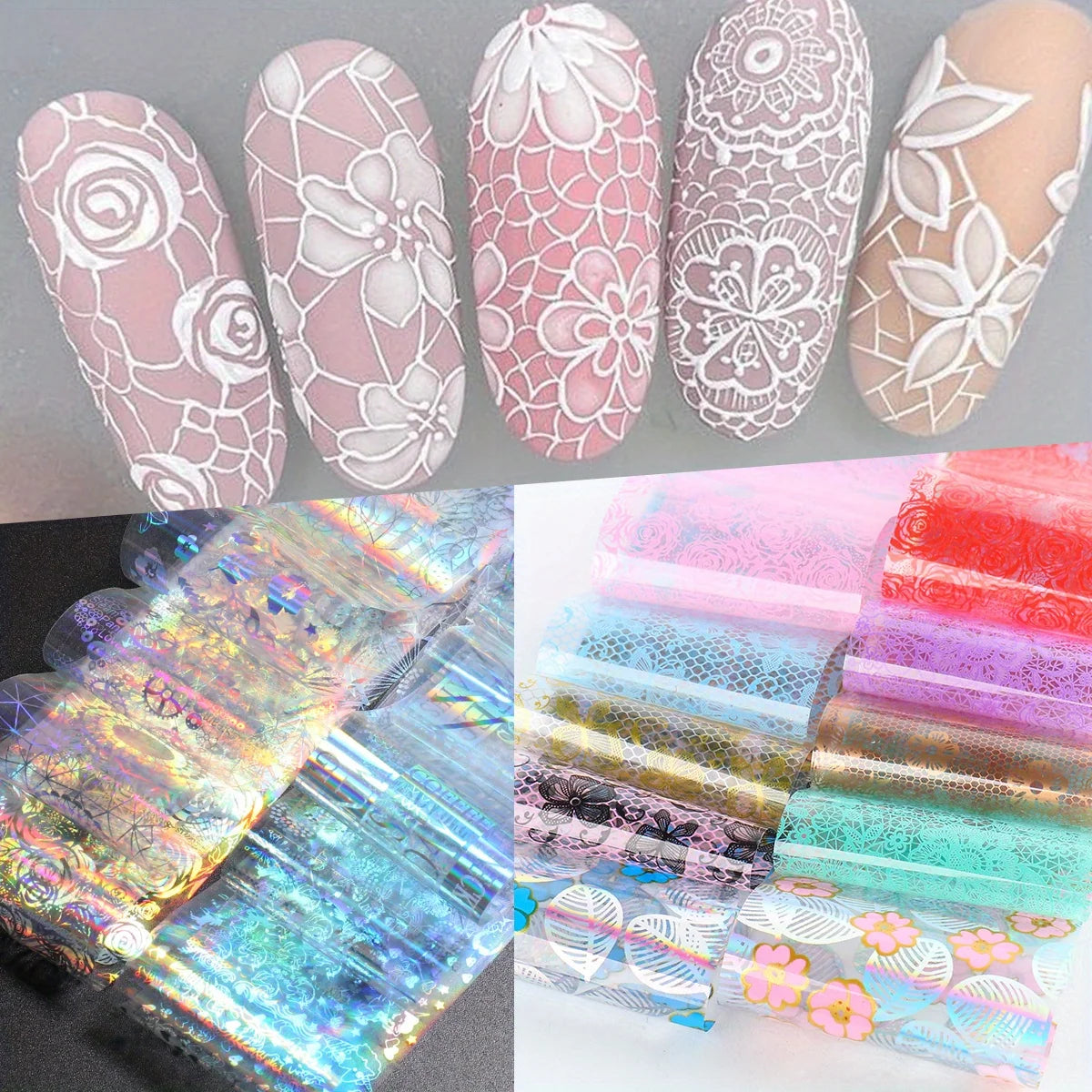 2 Pack Lace Flower Transfer Nail Art Foils Holographic Silvery Rose Geometry Leaf Image Simple Butterfly Decor Full Wraps Foils