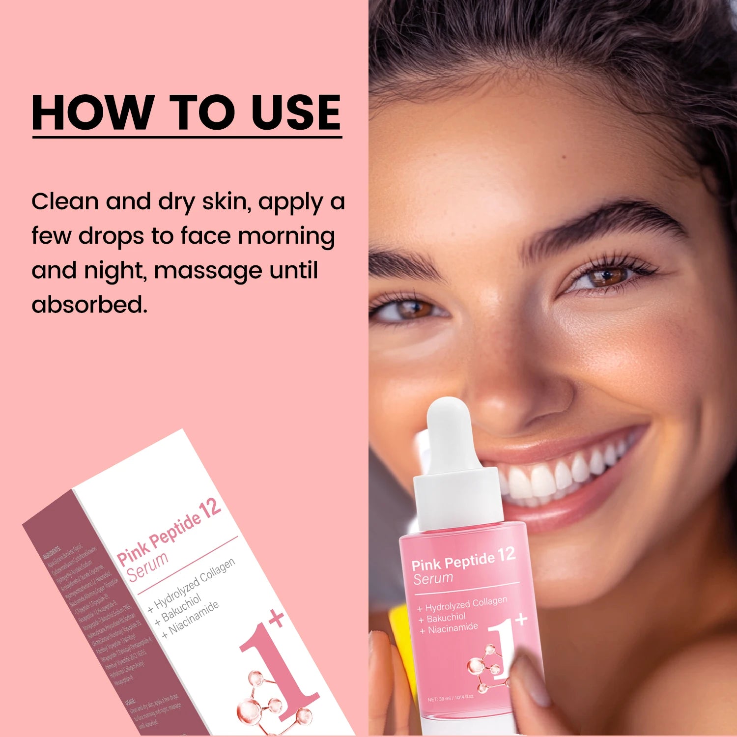 Pink Peptide 12 Serum with Bakuchiol & Niacinamide - Anti Aging Face Serum for Women - Hydrating & Firming 30ml