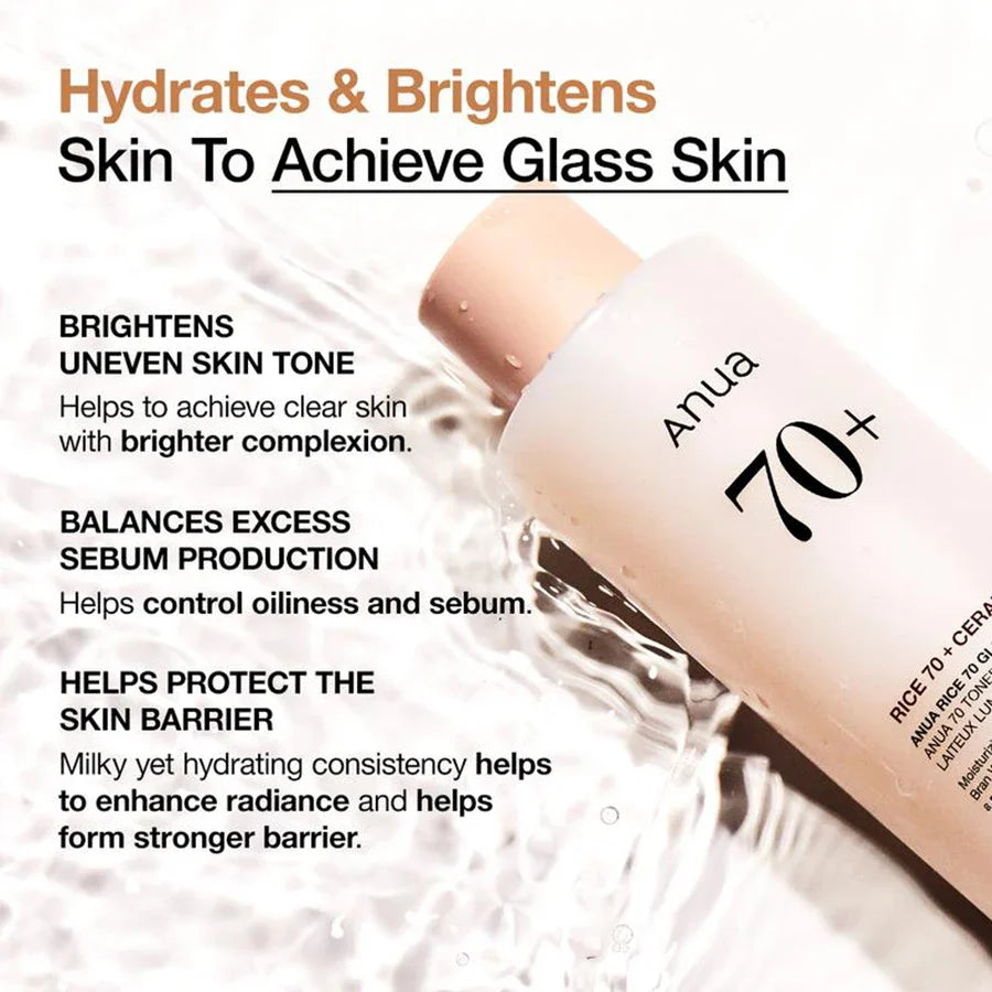 ANUA 70+ Toner 250ml - Korean Rice Bran Moisturizing Facial Essence, Suitable for Oily and Sensitive Skin, Pore Care