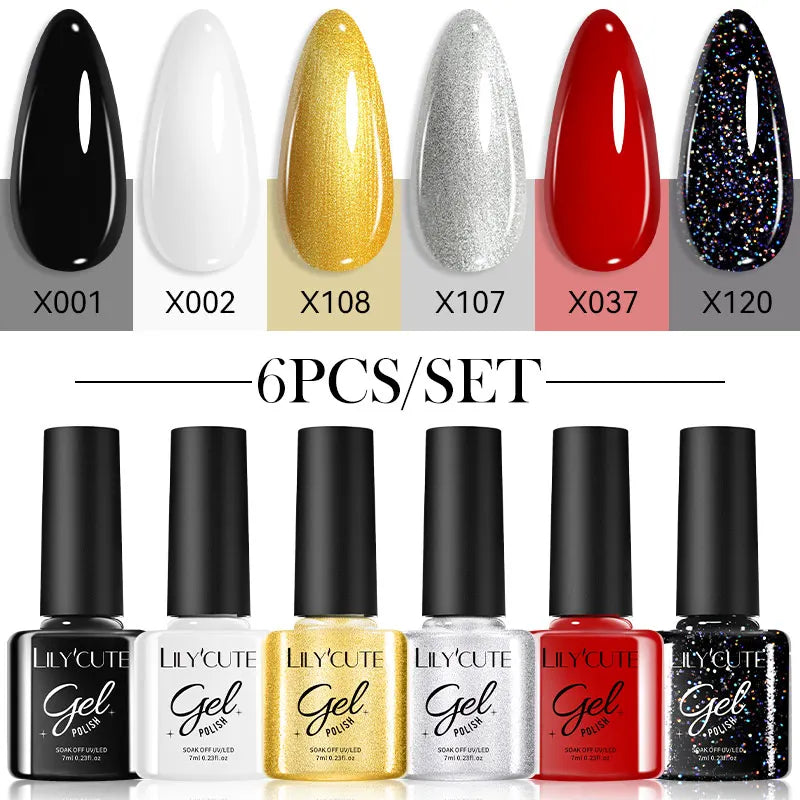 LILYCUE 6Pcs/Set Red Nude Glitter Gel Nail Polish Gorgeous Full Coverage Soak Off UV Gel Nail Art Base Top Coat Gel Polish Kits