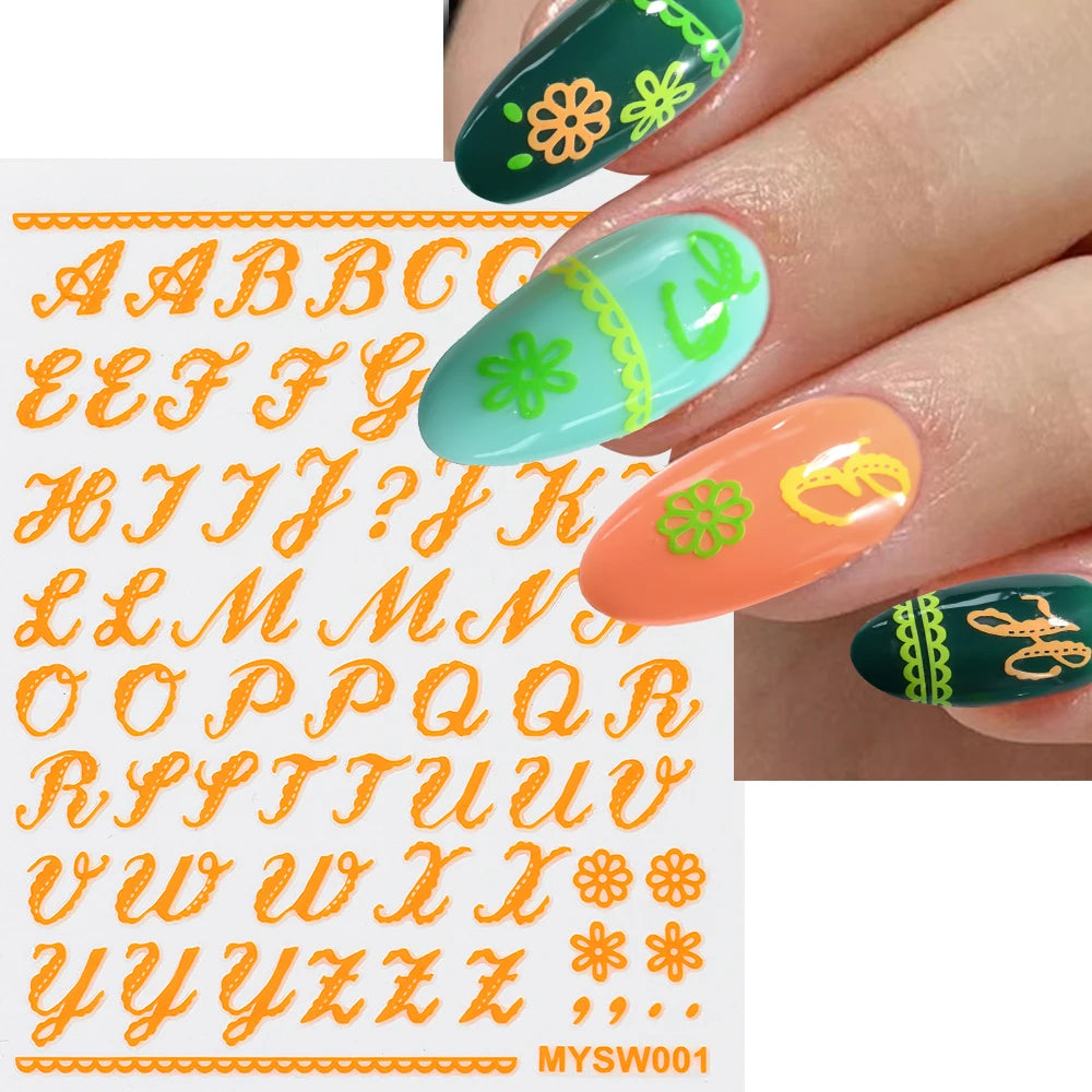 1Pc 3D Roman Letter Nail Stickers Gold/Silver/Black/Laser Alphabet Self Adhesive Decal Y2K English Words/Number Manicure Sliders