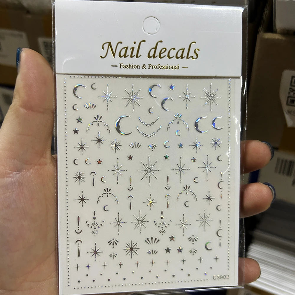 3D Gold/ Silver Star/Sun/Moon Bronzing Nail Art Sticker Laser Star Moon Styles Nail Decal Gold Silver Self-Adhesive Slider 1Pcs
