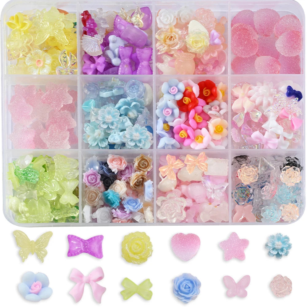1 Box Pink White Series Bow Heart Nail Charms 3D Arcylic Nail Art Decorations Pearl 5-petal Flower Jewelry Manicure Accessories*