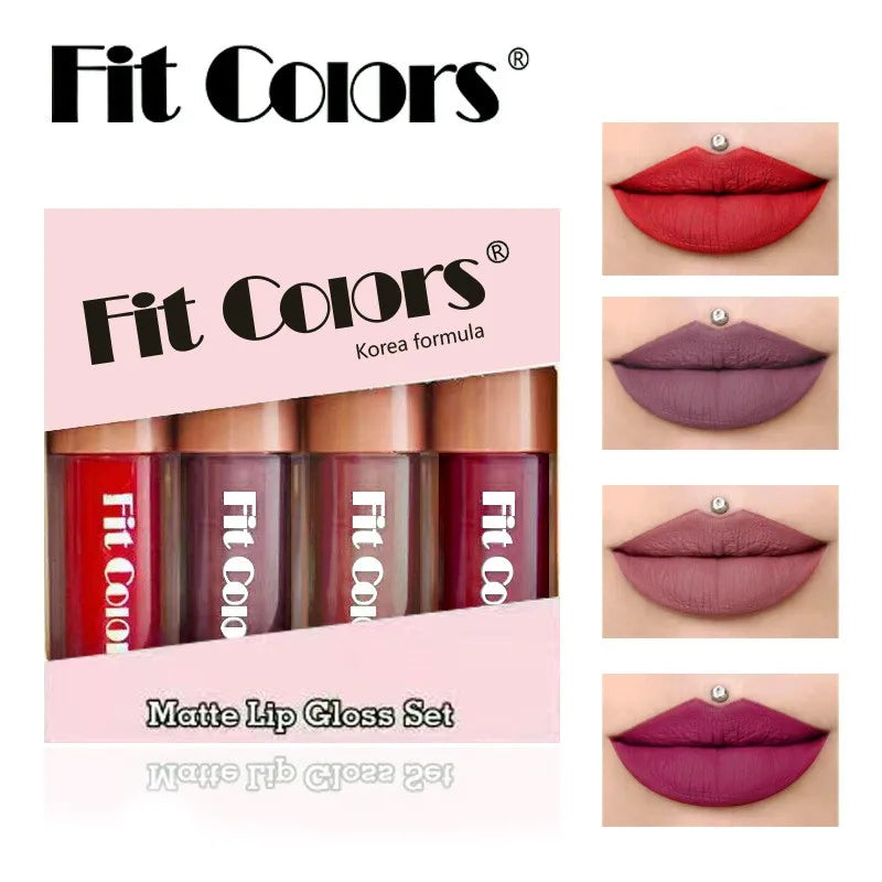 Fit Colors Velvet Lip Gloss Set — 4-Piece Non-Transfer, Diamond Finish, Long-Lasting Lip Gloss Collection